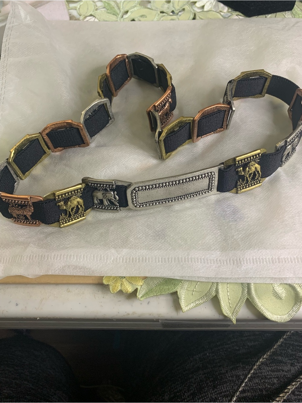 Chico's Black Elastic Belt with Mixed Metal Animal Plates